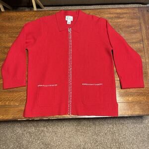 The Quacker Factory Cardigan Sweater Womens L Red Wool Rhinestone Heart Full Zip